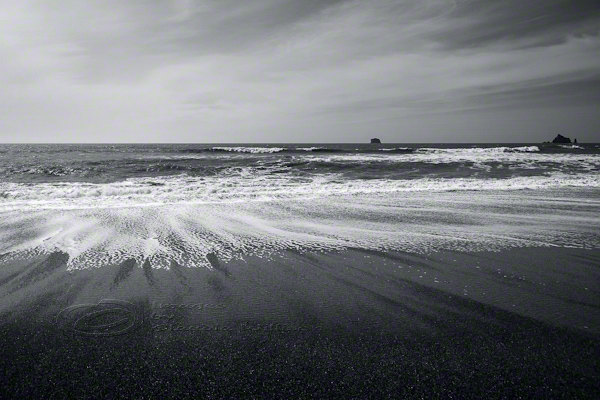 black and white beach scene